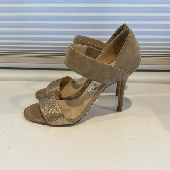 JIMMY CHOO suede/ fine glitter heels Nude color/ subtle gold glitter - Picture 3 of 6